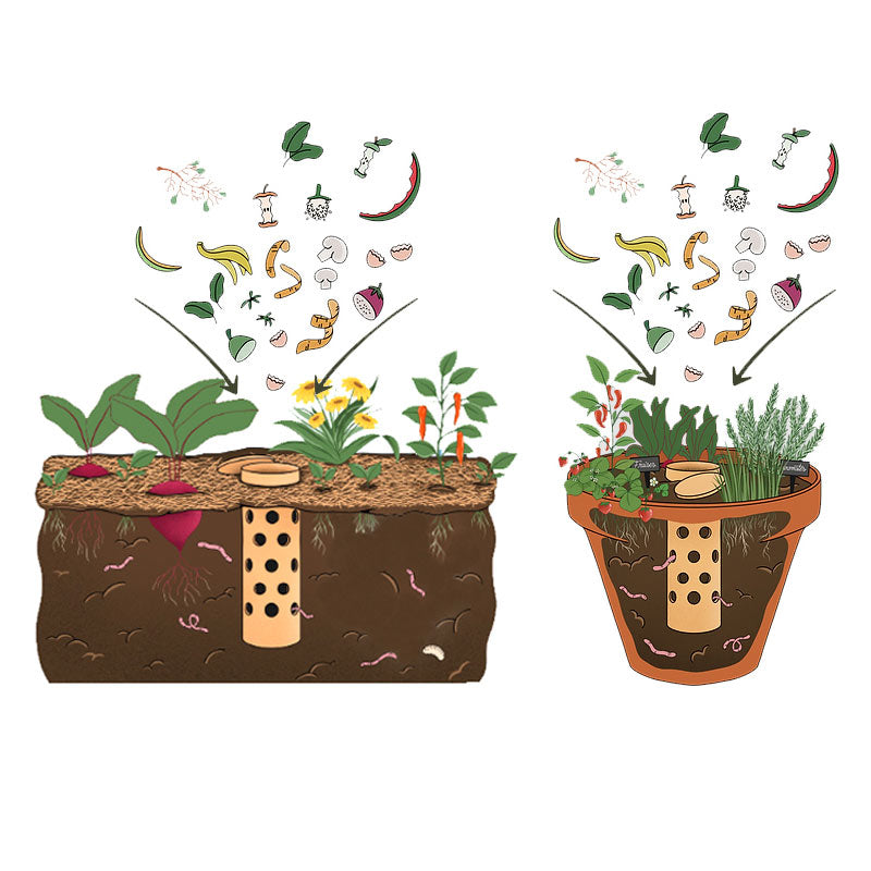 le lombricomposteur à enterrer peut être installé dans un pot, un jardinière ou directement dans le sol du jardin ou du potager. Il suffit d'y déposer des épluchures de fruits et de légumes et laisser les vers venir les grignoter