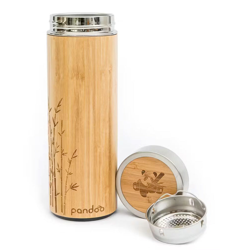 Gourde Pandoo en acier inoxydable recouvert de bambou, avec passoire à thé