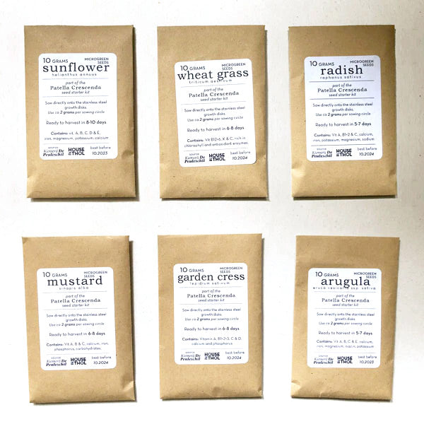6 sachets de graines à faire pousser : tournesol, roquette, radis, moutarde, cresson, blé