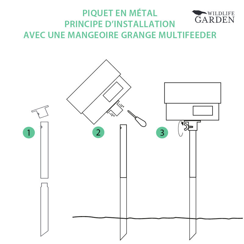 principe d'installation du poteau en métal noir compatible avec les mangeoires grange rouge et grange brune de wildlife garden