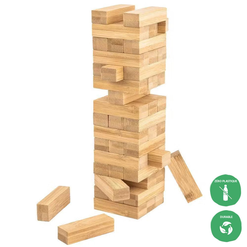 Tour infernale Pandoo en bambou : un jeu de construction et d'adresse amusant pour toute la famille. Fabriqué 100% en bambou, durable et zéro plastique