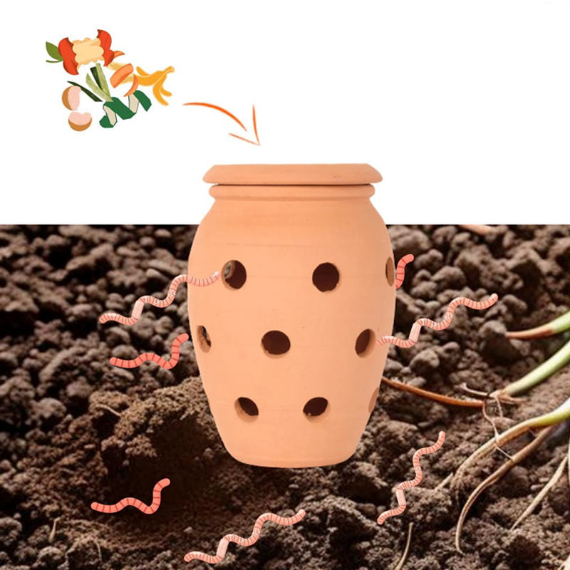les vers de compost mangent les épluchures contenues dans le lombricomposteur enterré