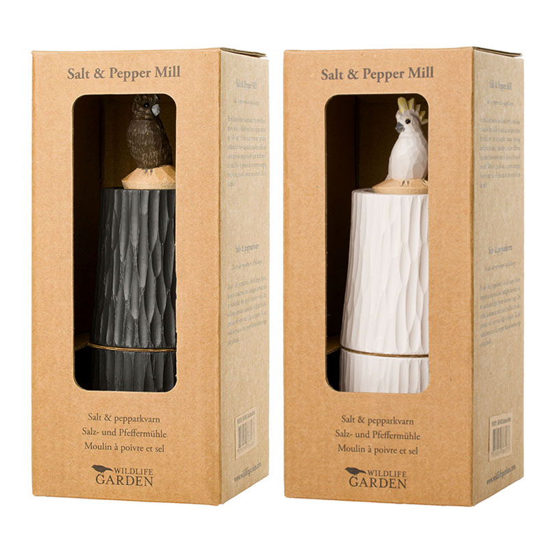 moulin à sel et poivre en bois décor oiseaux dans leurs cartons d'emballage