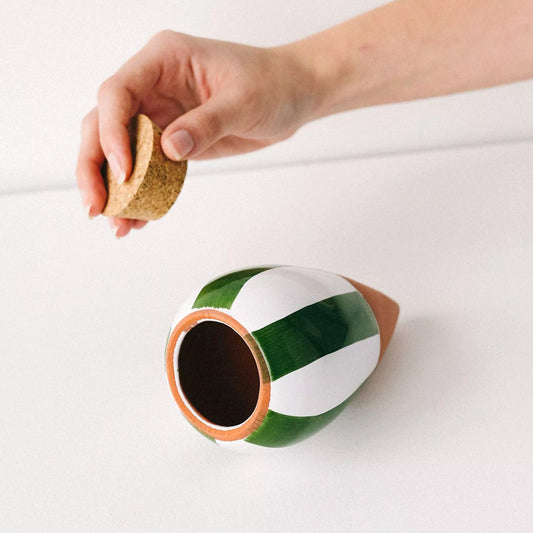 olla pepin stripe Green & Ivory avec bouchon en liège, réservoir d'eau naturel à planter aux pieds de votre plante pour un arrosage progressif et maitrisé