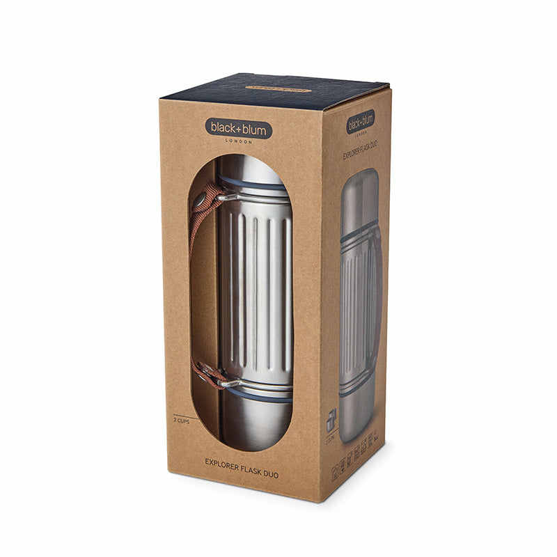 thermos inox Explorer Flask Duo dans son emballage carton recyclable