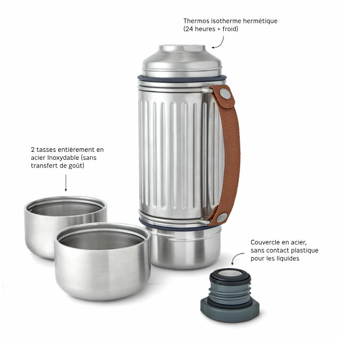 thermos isotherme robuste hermétique avec 2 tasses détachables en inox et poignée en nylon