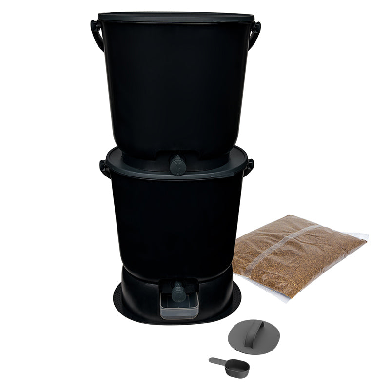 Set de 2 composteurs bokashi Organko Essential noir + base pour collecter et transformer soi-même les déchets organiques du quotidien en fertilisant pour les plantes