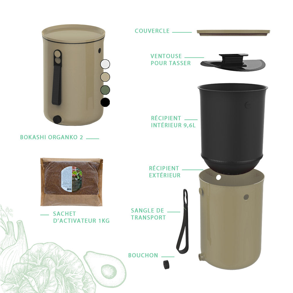 composteur bokashi organko 2 beige cappuccino. set complet avec 1kg de ferments inclus