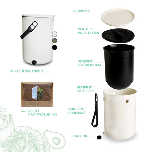 composteur bokashi organko 2 blanc crème. Contient tous les accessoires + 1 kg d'activateur