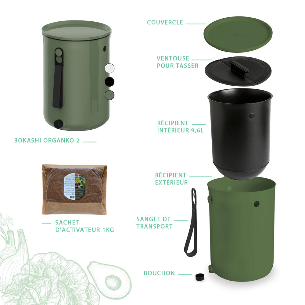 bokashi organko 2 verte olive, set complet pour composter les déchets organiques directement dans la cuisine, sans odeur, ni insectes
