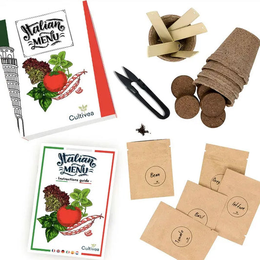 kit complet pret à pousser pour cultiver des herbes et des légumes bio aux saveurs italiennes : Haricot coco nain, Tomate, Origan, Laitue, Basilic
