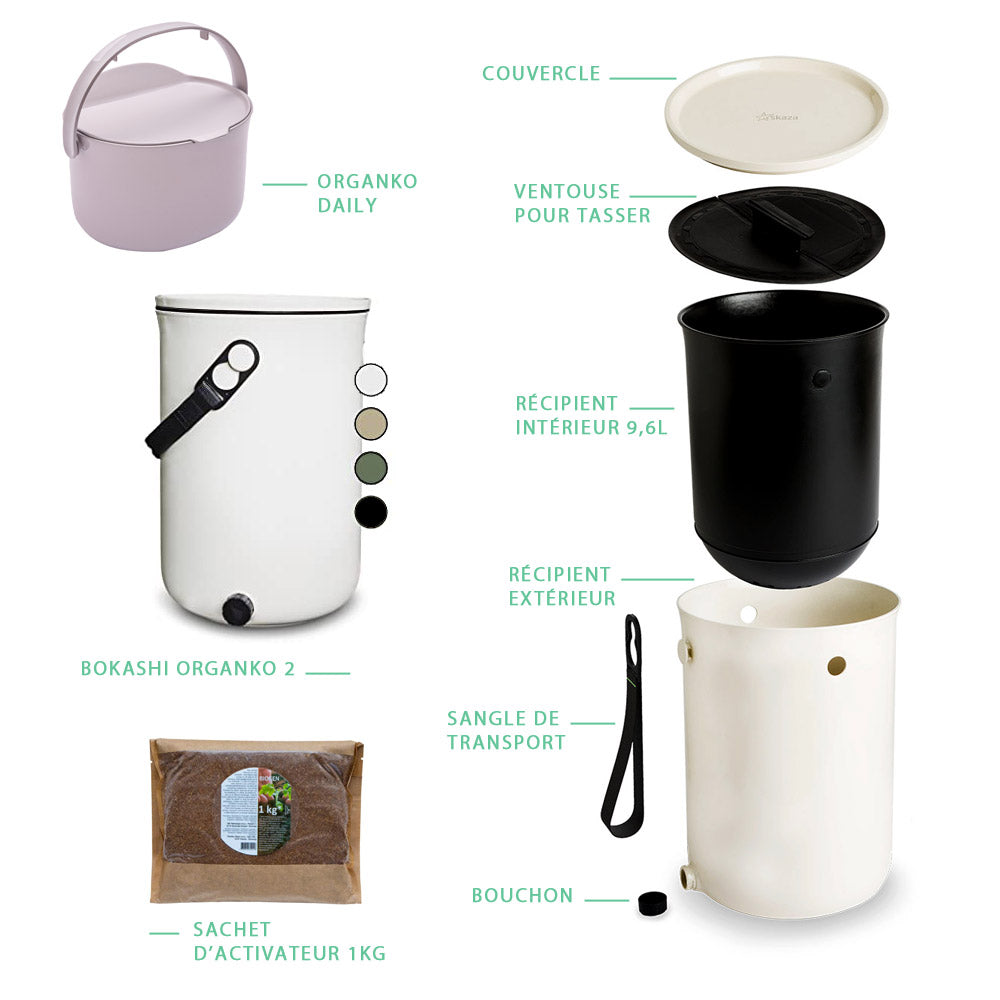Set pour composter les déchets de cuisine composé d'un bioseau et d'un composteur bokashi Organko 2. Ce duo de compostage complet facilite le tri des biodéchets dans la cuisine tout en les valorisant