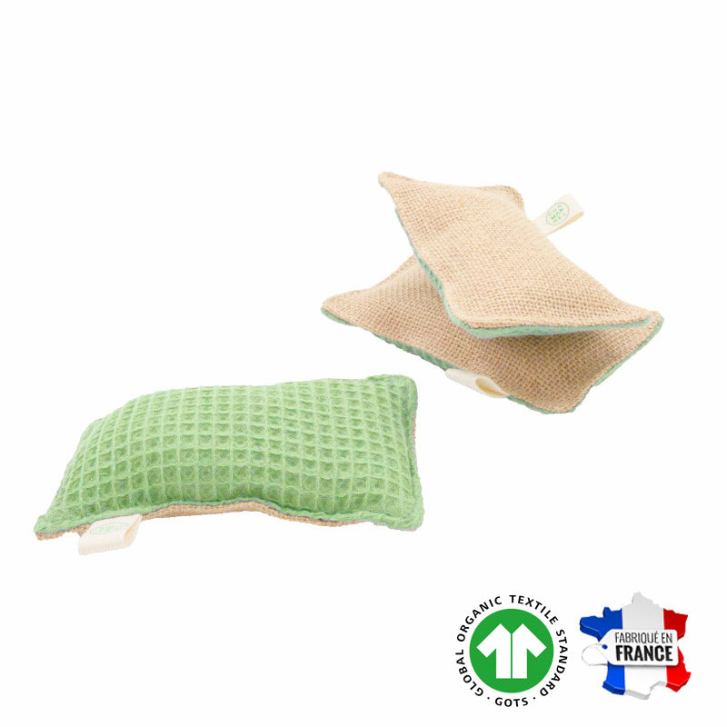 Lot de 3 éponges lavables en coton bio et jute naturelle, fabriquées en France. Marque Chamarrel