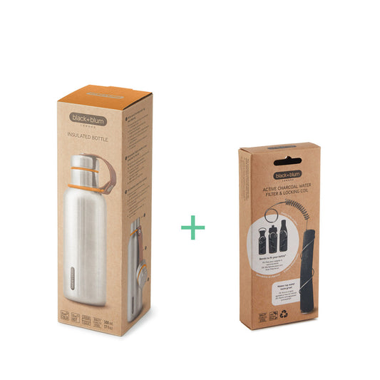 gourde isotherme de 500 ml rendue filtrante grâce au bateau de charbon binchotan inséré à l'intérieur. Ce système ingénieux permet de filtrer l'eau de la gourde ou de n'impote quelle autre gourde de manière naturelle