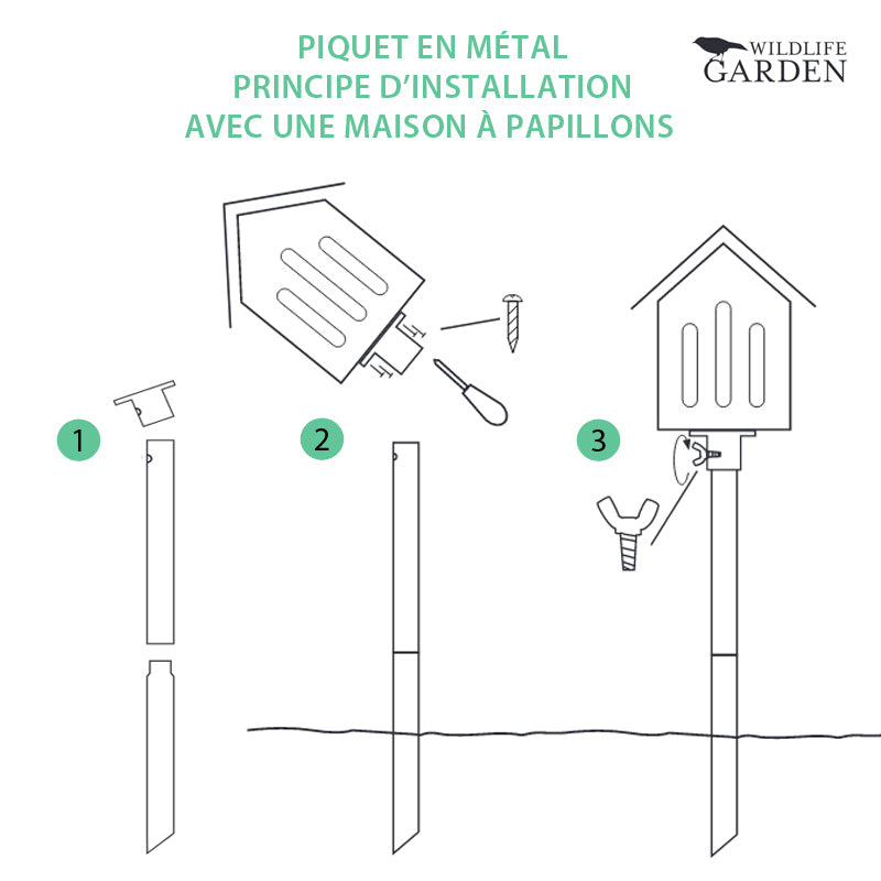 Schéma d'installation d'une maison à papillons Wildlife Garden sur le poteau en métal WG907 de Wildlife Garden