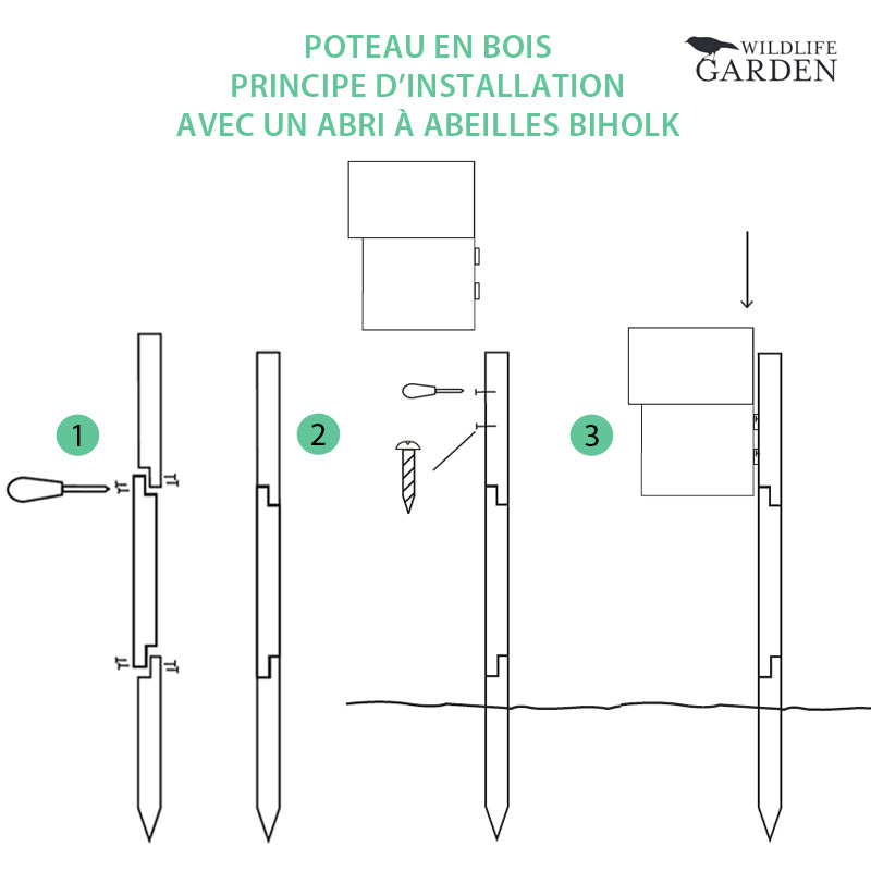 poteau bois en trois parties pour installer un abri pour abeilles wildlife garden