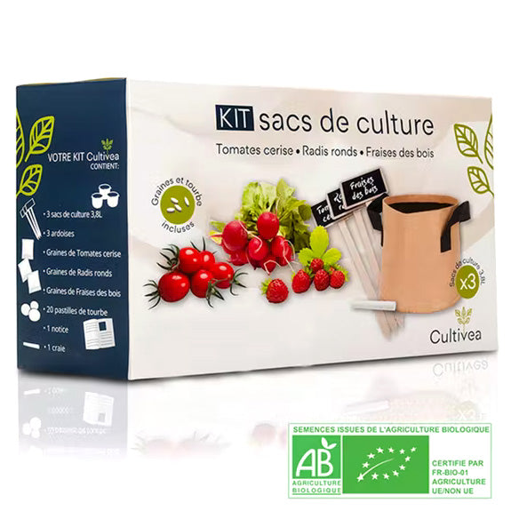kit sacs de culture prêt à l'emploi pour faire pousser des fruits et légumes bio, chez soi, même sans jardin. Un cadeau écologique et original à offrir