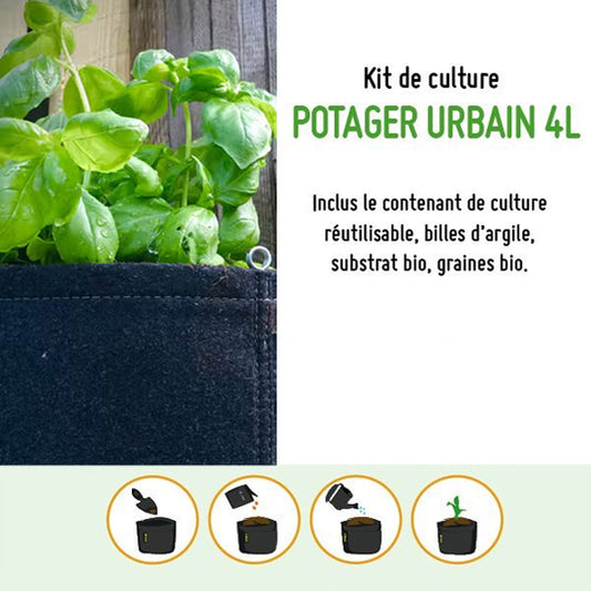 potager urbain contenant une sac géotextile réutilisable, des billes d'argiles, du terreau et des graines de basilic bio. Pour faire pousser son basilic bio chez soi