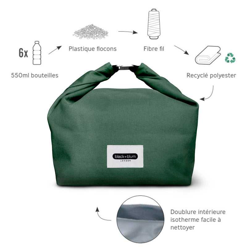 Le sac à lunch Black+Blum vert olive est en tissu polyester fabriqué à partir de bouteilles en plastique recyclé