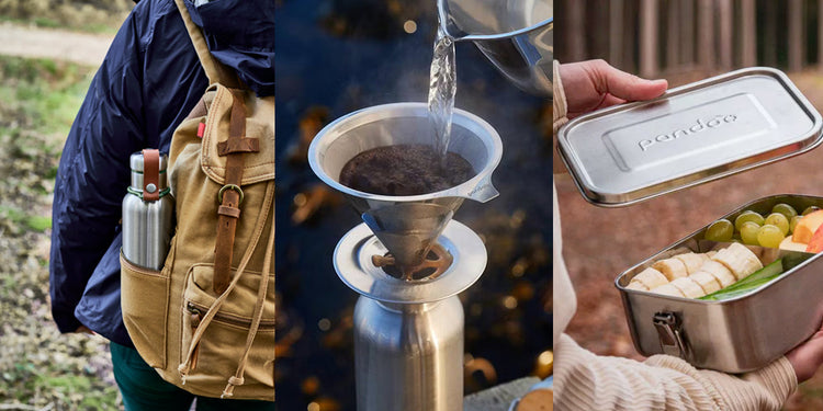 équipements de randonnée : gourde isotherme, cafetière nomade, boite a repas inox