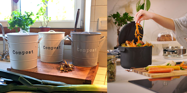 Poubelle et seaux à compost pour trier les biodéchets sur le plan de travail de la cuisine
