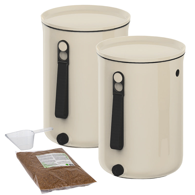 Lot de deux composteurs bokashi organko 2 blanc avec cuillère graduée et 1kg d'activateur inclus