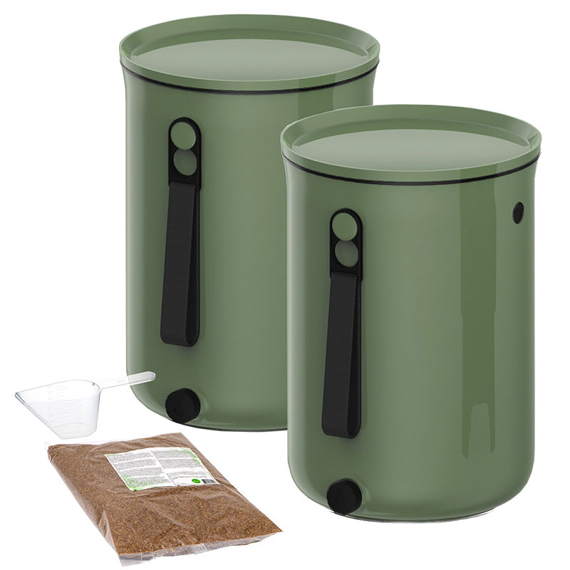 lot de deux composteurs bokashi vert olive avec sachet d'activateur et cuillère graduée inclus