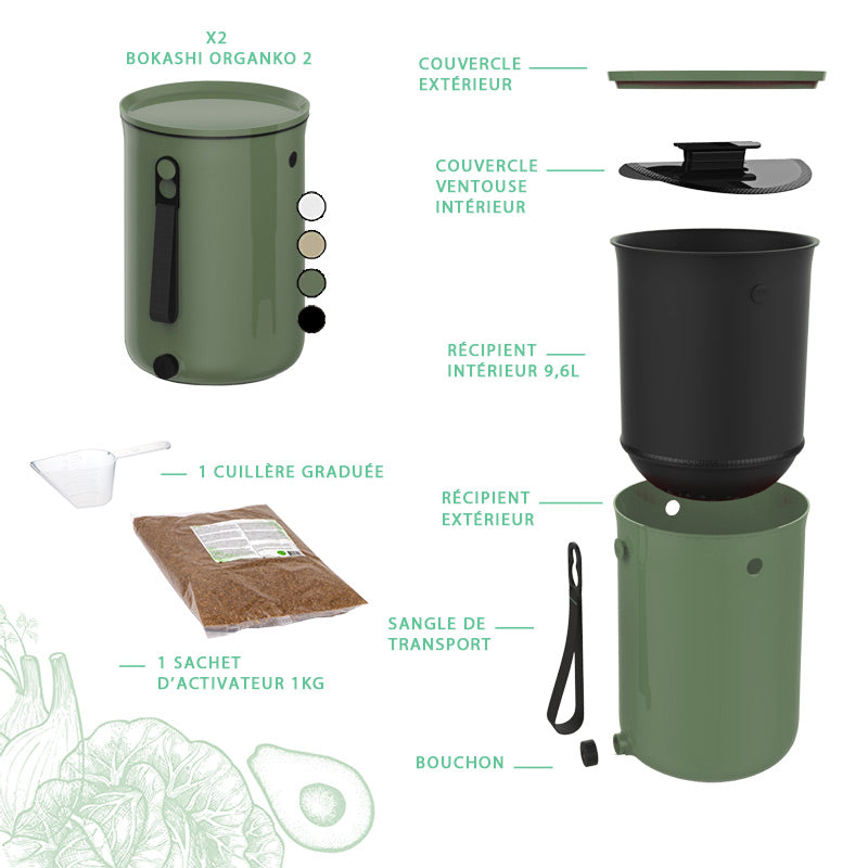 contenu du lot Eco box de 2 composteurs bokashi organko 2 vert olive