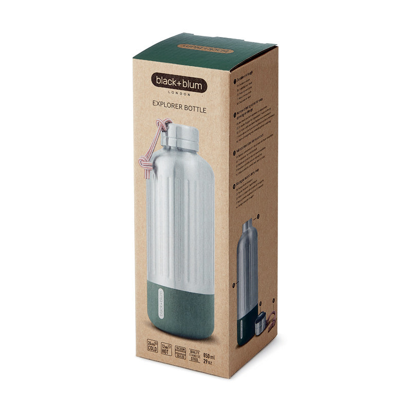 gourde explorer vert olive Black+Blum dans son emballage carton