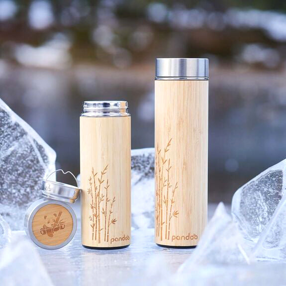 thermos en inox et bambou avec passoire à thé disponible en 2 tailles 360 et 480 ml