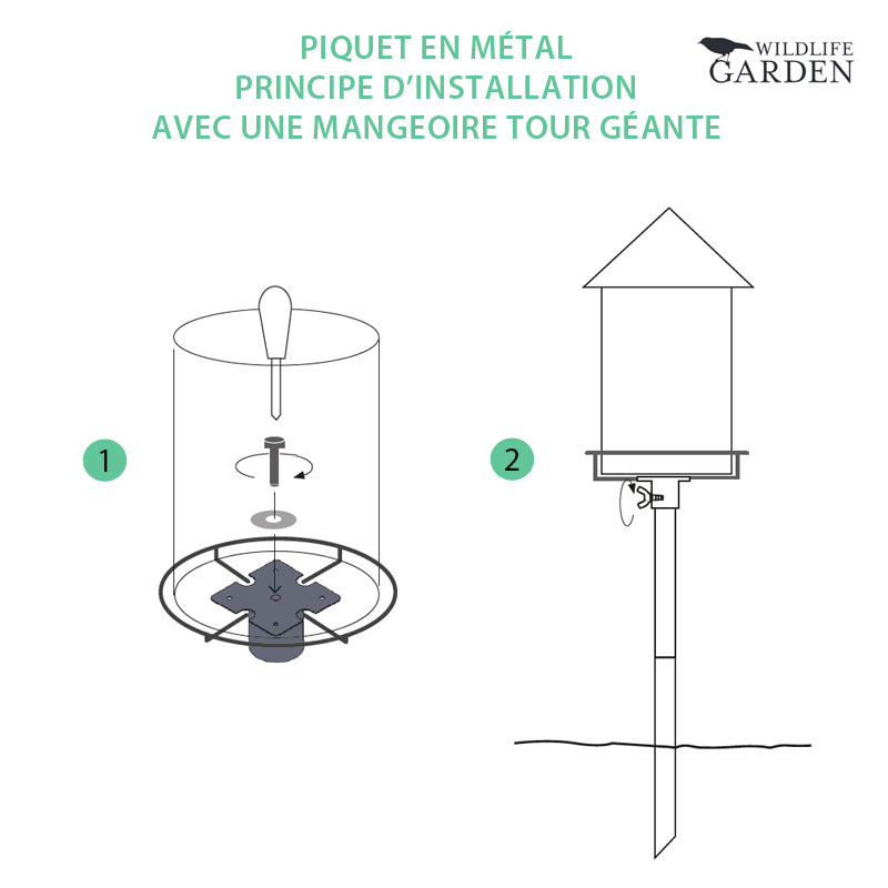 principe d'installation du piquet en métal wildlife garden avec la mangeoire à oiseaux tour géante