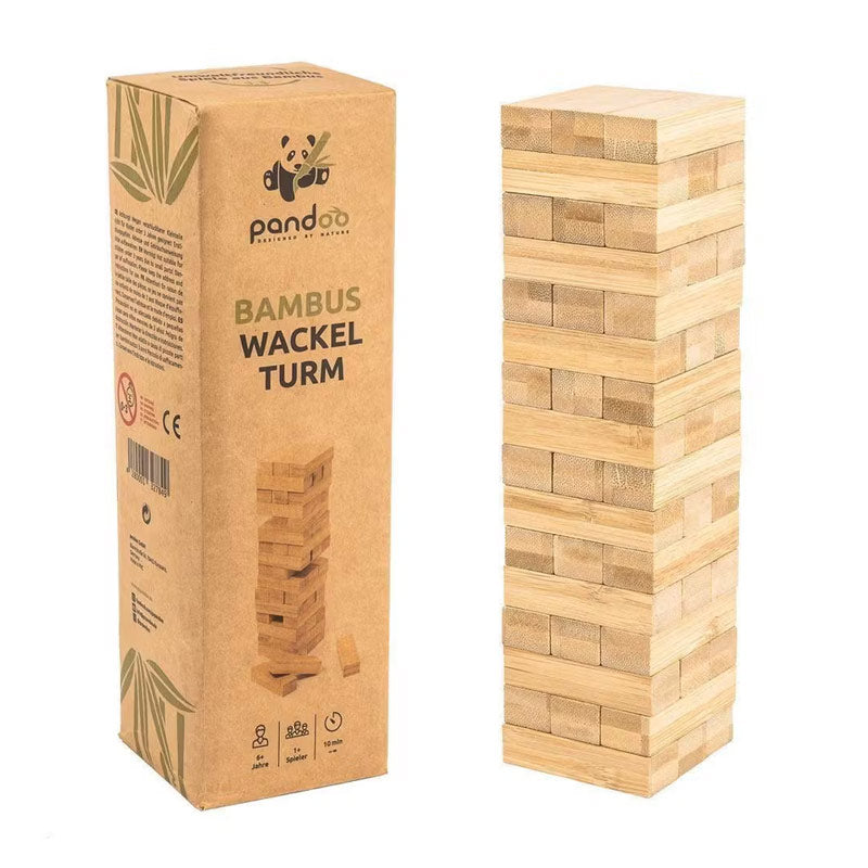 jeu de la tour en bois avec son emballage en carton recyclable. Un jeu durable et écoresponsable pour toute la famille