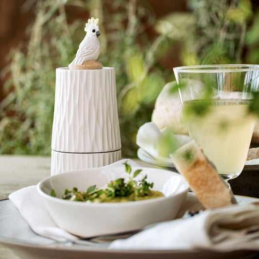 moulin à sel et poivre en bois de qualité orné d'un beau perroquet cacatoès