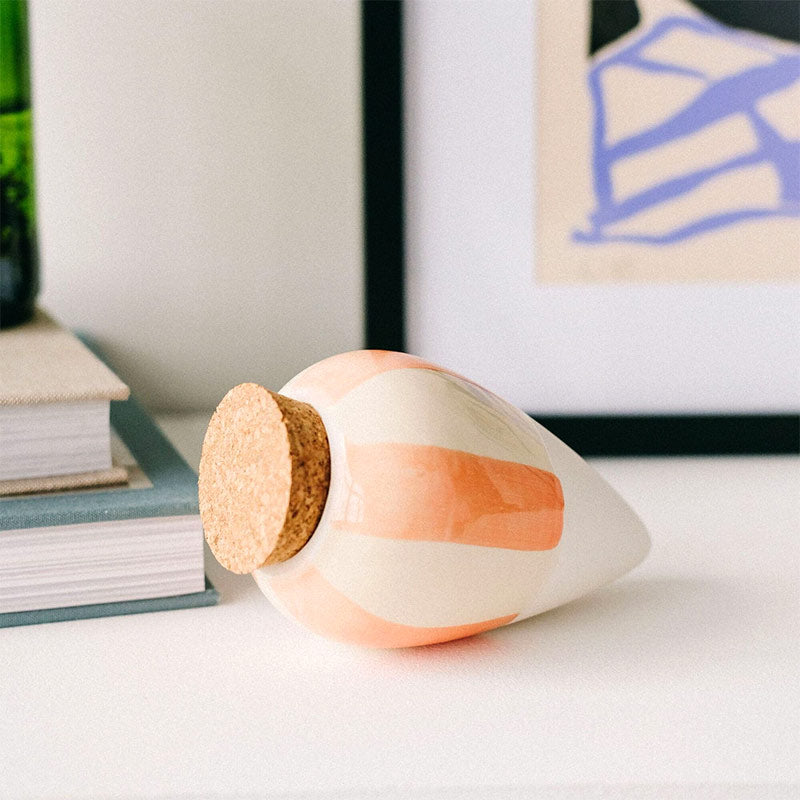 olla pepin rayée orange et crème à planter au pied d'une plante