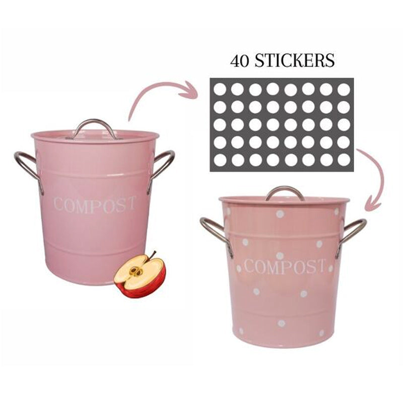 poubelle à compost rose personnalisable avec de jolis pois blancs