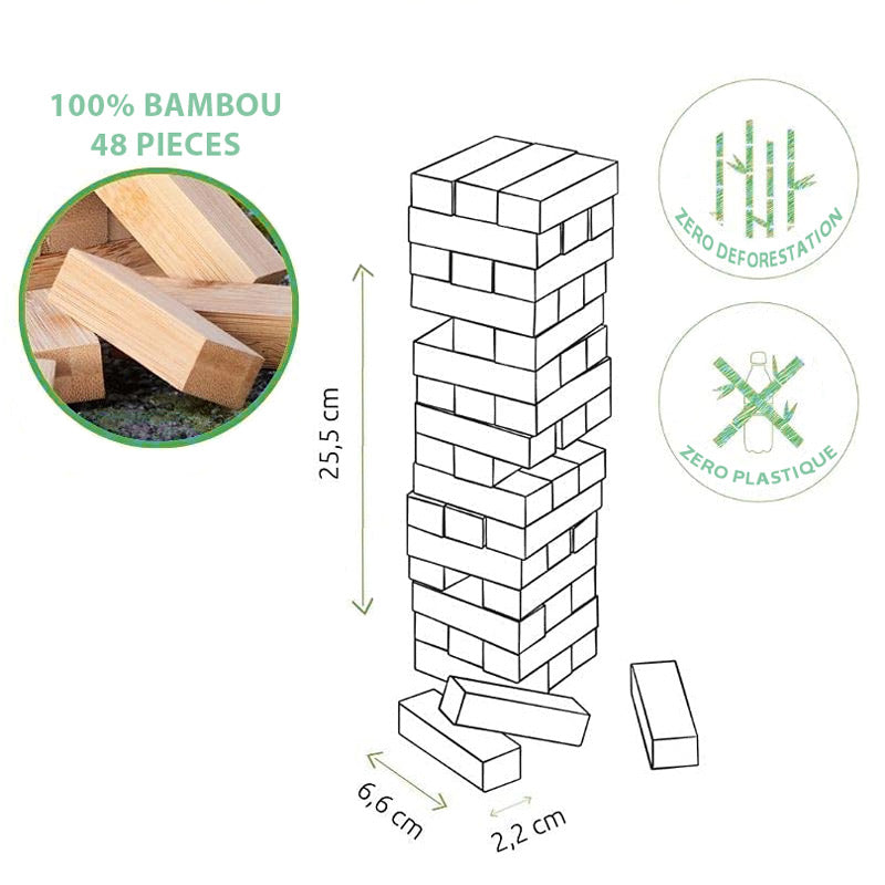 jeu de la tour infernale composé de 48 briques en bois de bambou certifié FSC