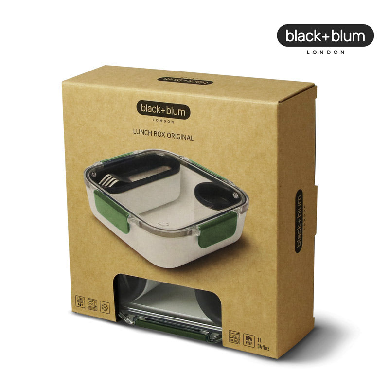 la lunch box Original de black and blum est emballée dans un carton à fenêtre recyclable