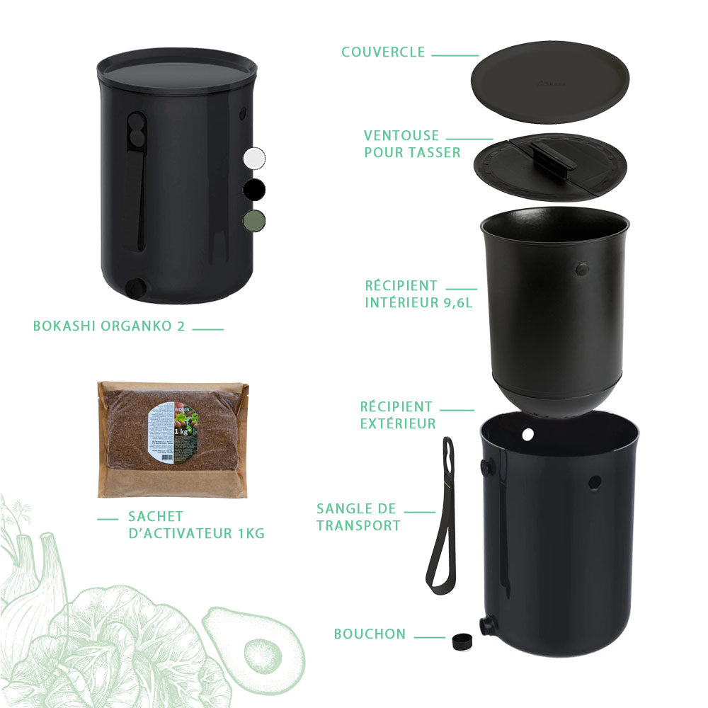 Bokashi organko noir Ocean. Set incluant 1 kg d'activateur de compost. Le modèle est Ocean est fabriqué à partir de filets de pêche recyclés