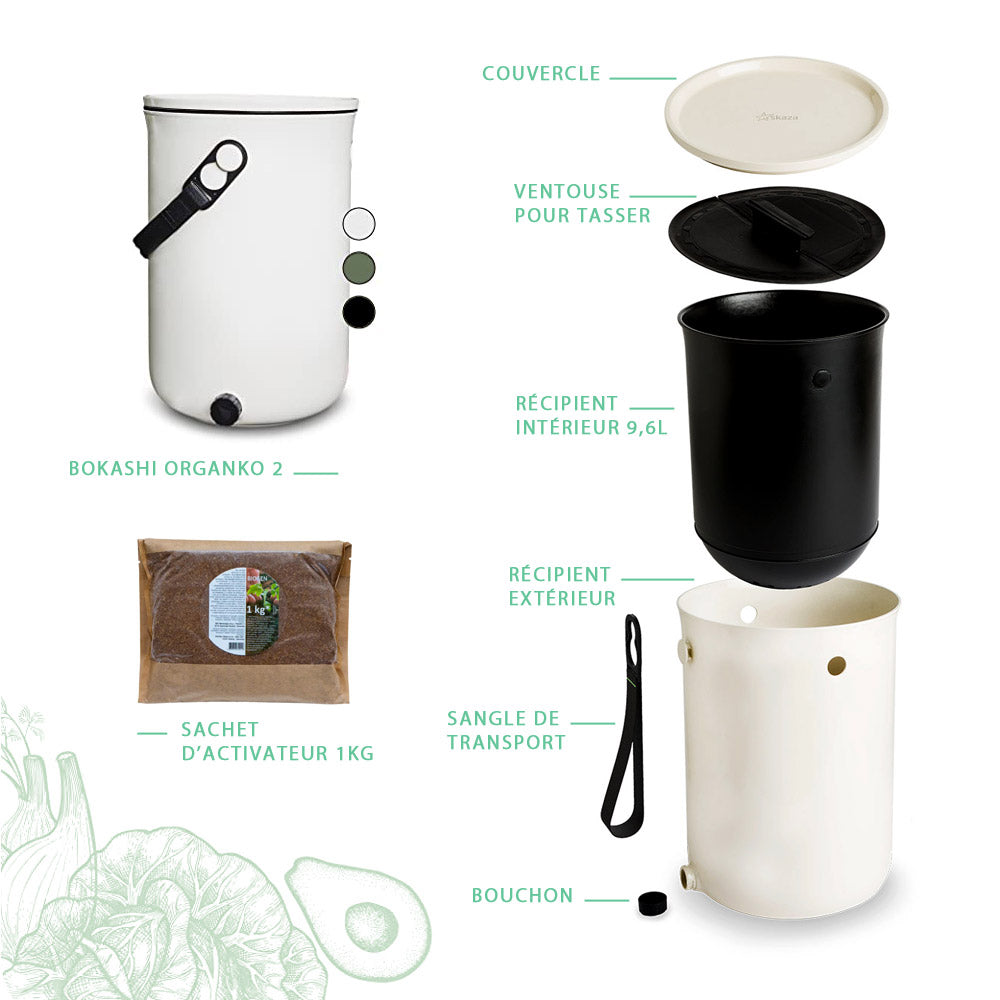 le set bokashi organko 2 de Maison fertile contient un couvercle, un outil pour tasser, un récipient intérieur de 9,6l, un récipient extérieur, une sangle de transport, un bouchon, un sachet de 1 kg de ferments