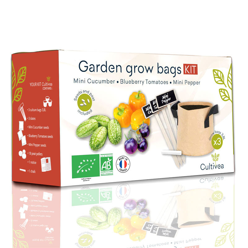 un cadeau original, ludique et écologique. Faites plaisir à vos proches avec le kit 3 sacs de culture Cultivea. Un kit complet pour faire pousser de bons légumes bio chez soi : mini concombres, tomates blueberry, mini poivrons jaunes