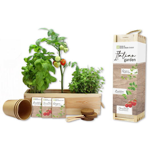 mini potager bio Italian Garden pour faire pousser du basilic, des tomates cerises et de l'origan