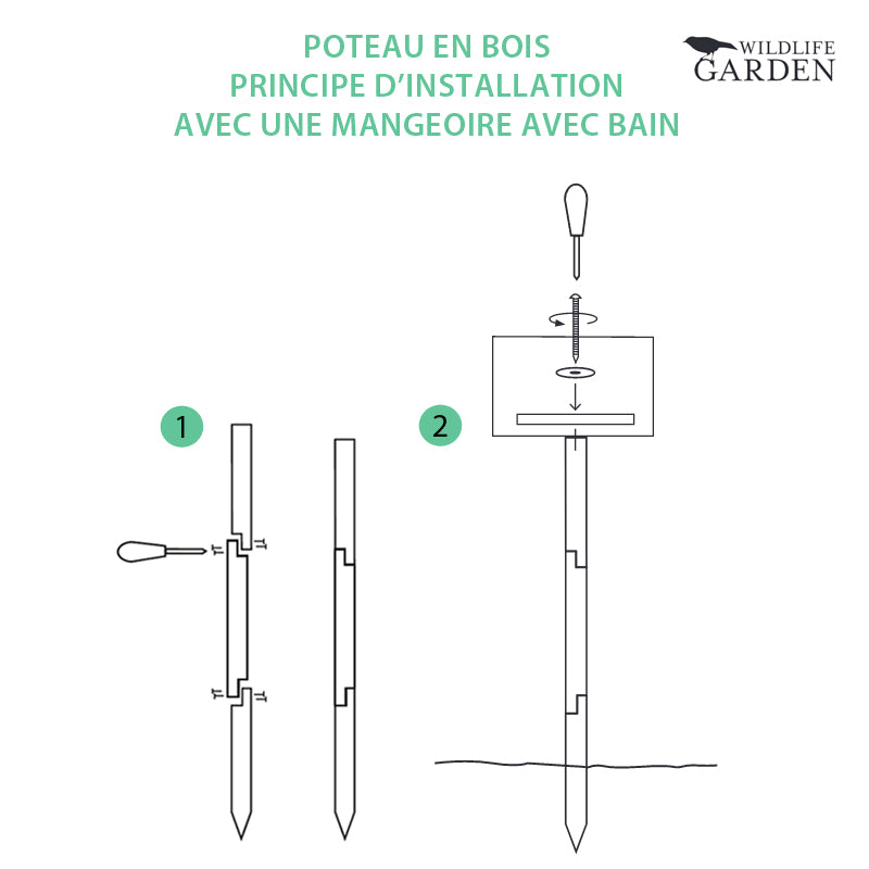 principe d'installation de la mangeoire avec bain sur le poteau en bois en trois parties Wildlife Garden WG908