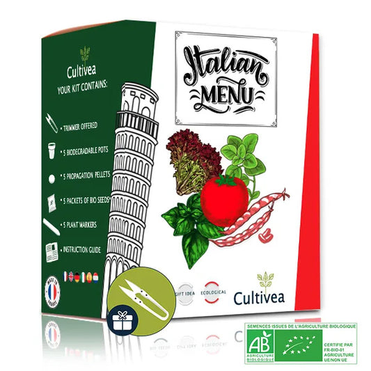 Kit Menu Italien Cultivea, un cadeau qui permet de jardiner de bons légumes bio, saveurs italiennes