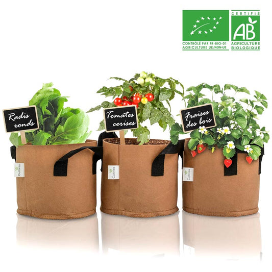 kit 3 sacs de culture bio Cultivea, radis ronds, tomates cerises, fraises des bois