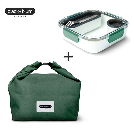 Sac isotherme et boite à repas étanche avec fourchette inox, modèle lunch box Orginal de Black+Blum et sac à lunch Black and Blum vert olive