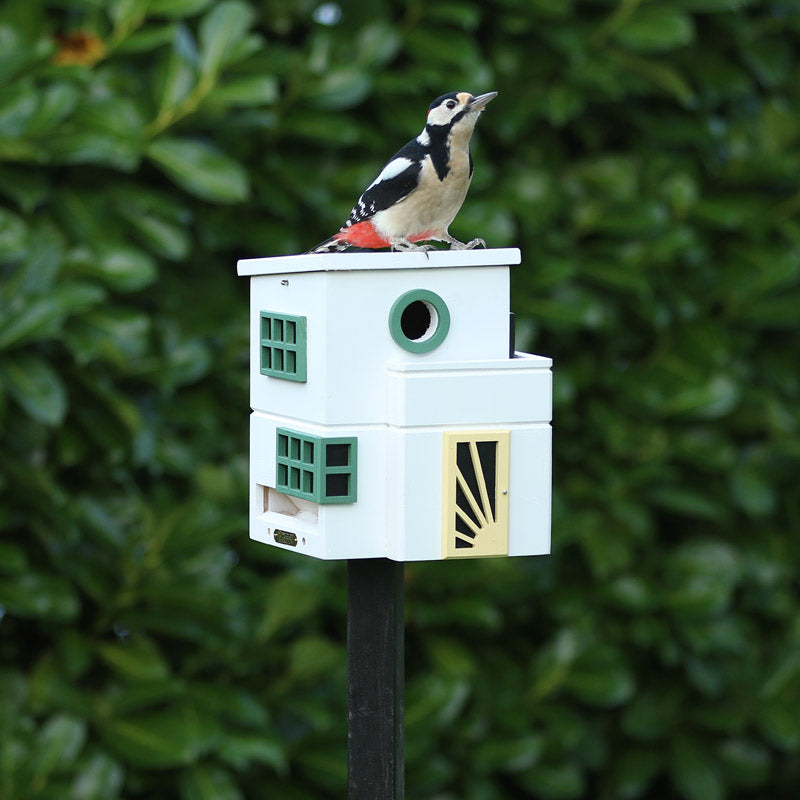 les oiseaux sont attirés dans le jardin par la jolie mangeoire art déco de wildlife Garden qui sert aussi de nichoir au printemps