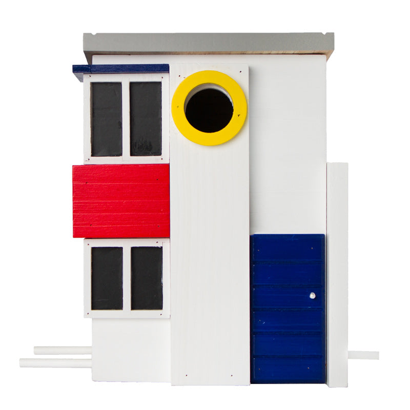 nichoir moderne Multiholk De Stijl Wildlife Garden dans l’esprit De Stijl présenté avec les trois couleurs primaires et des formes géométriques horizontales verticales