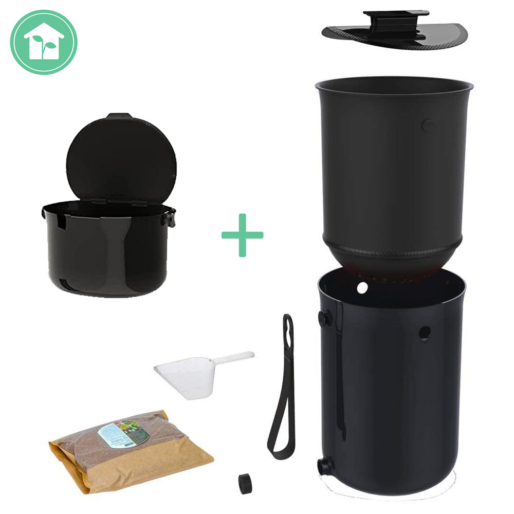 set complet pour composter les biodéchets dans la cuisine avec une poubelle à compost organko daily et une composteur bokashi Organko 2 de 9,6 litres, idéal pour composter les déchets organiques en ville, en maison ou en appartement