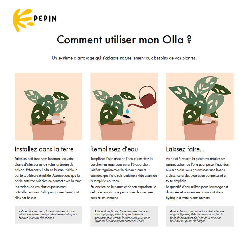 Olla Pepin en terre cuite émaillée bleu célestine - Diffuseur d'eau naturel pour les plantes